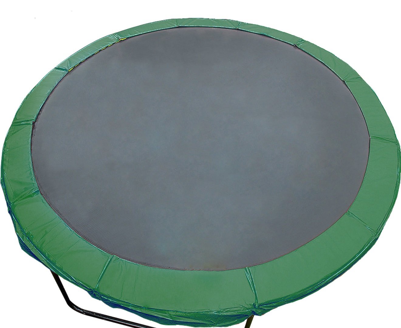 A green trampoline safety spring pad cover, designed to fit a 12ft trampoline, showing the pad without being installed.