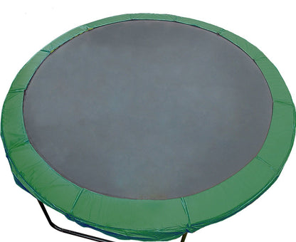A green trampoline safety spring pad cover, designed to fit a 12ft trampoline, showing the pad without being installed.