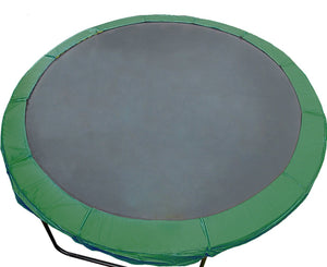 A round green trampoline safety pad cover designed to fit a 16ft trampoline, featuring an embedded nylon mesh and a PVC skirt.
