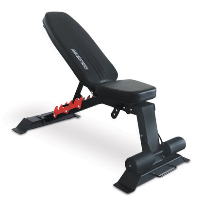 Adjustable dumbbell bench in black with red accents, featuring thick padding and multiple adjustment settings for various exercises.
