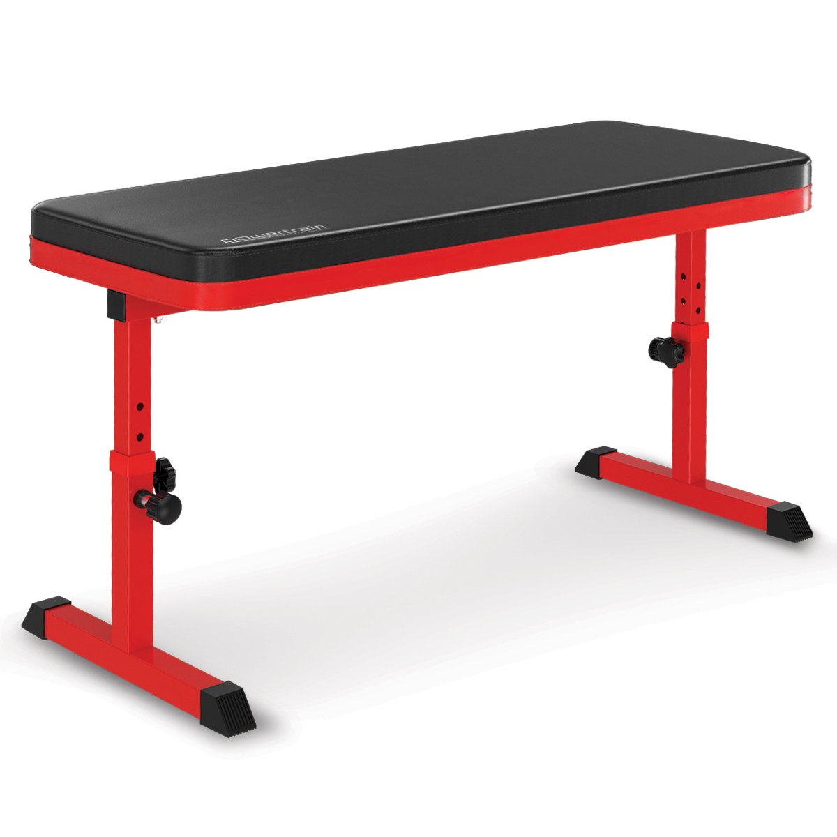 A height-adjustable flat weight bench with red frame and black padding, designed for use in home gyms.