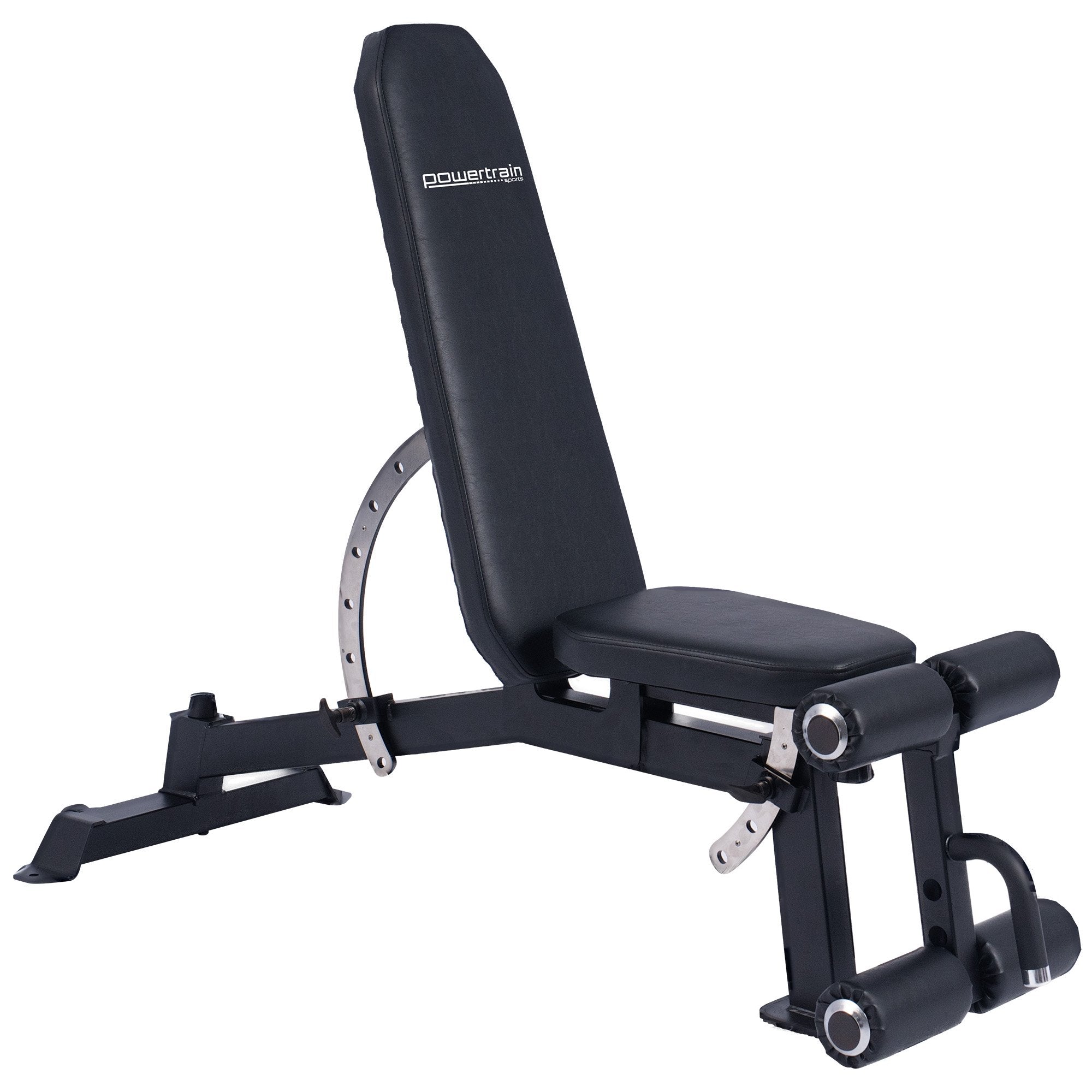 Black weight bench with adjustable components on a white background