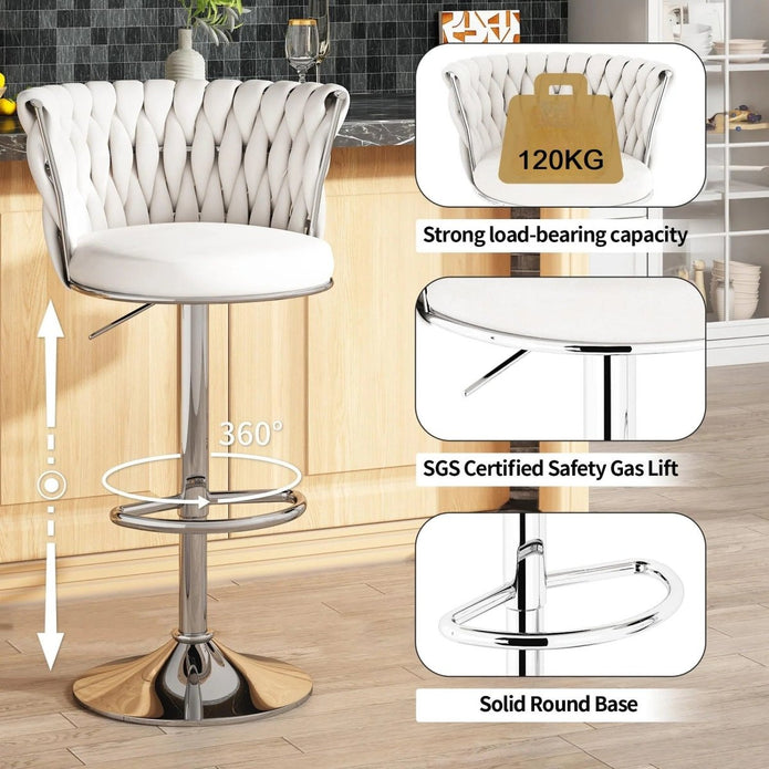 SERENITà Modern Silver Swivel Upholstered Velvet Adjustable Height Counter Stool with Metal Frame White (Set of 2)