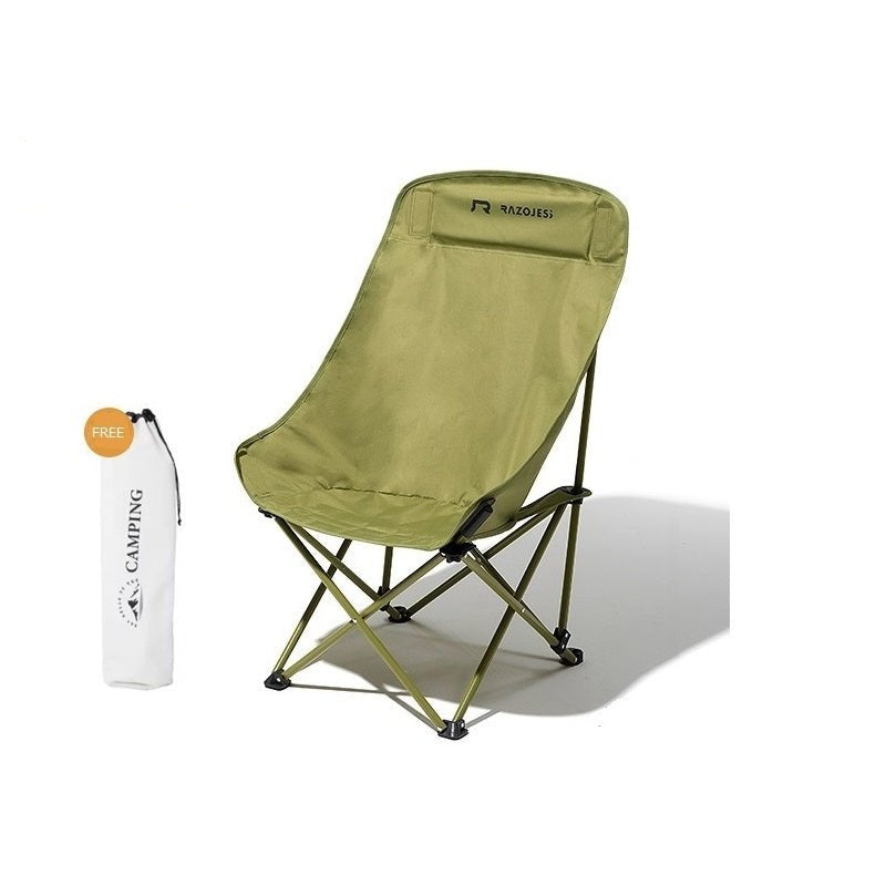 Green camping chair with a white water bottle on a white background