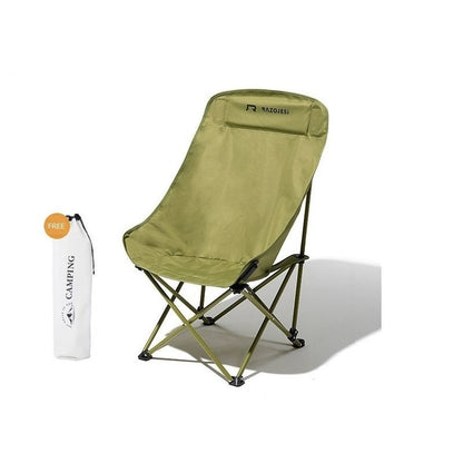 Green camping chair with a white water bottle on a white background