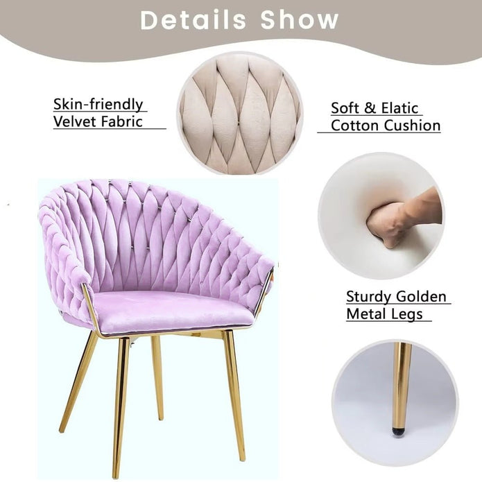SERENITà Pink Modern Velvet Dining Chairs, Upholstered Living Room Chair with Woven Back and Golden Metal Legs, Mid-Century Accent Set of 2(Pink)