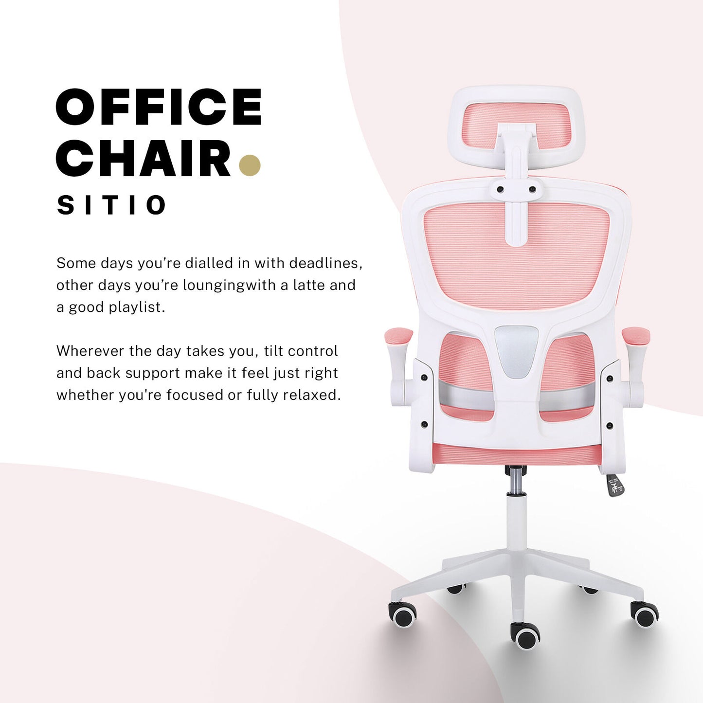 Work Office Chair - Lumber Support, Flip-up Armrest, Adjustable Headrest SITIO - Pink