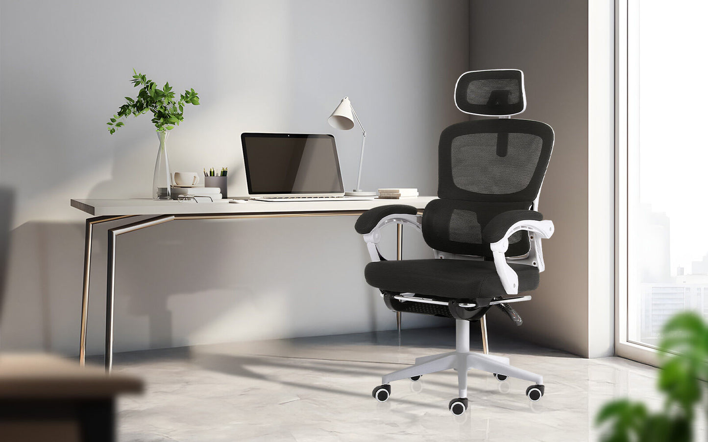 Ergonomic Reclining Office Chair - Footrest, Lumbar Support, Adjustable Headrest VELTRA - BLACK