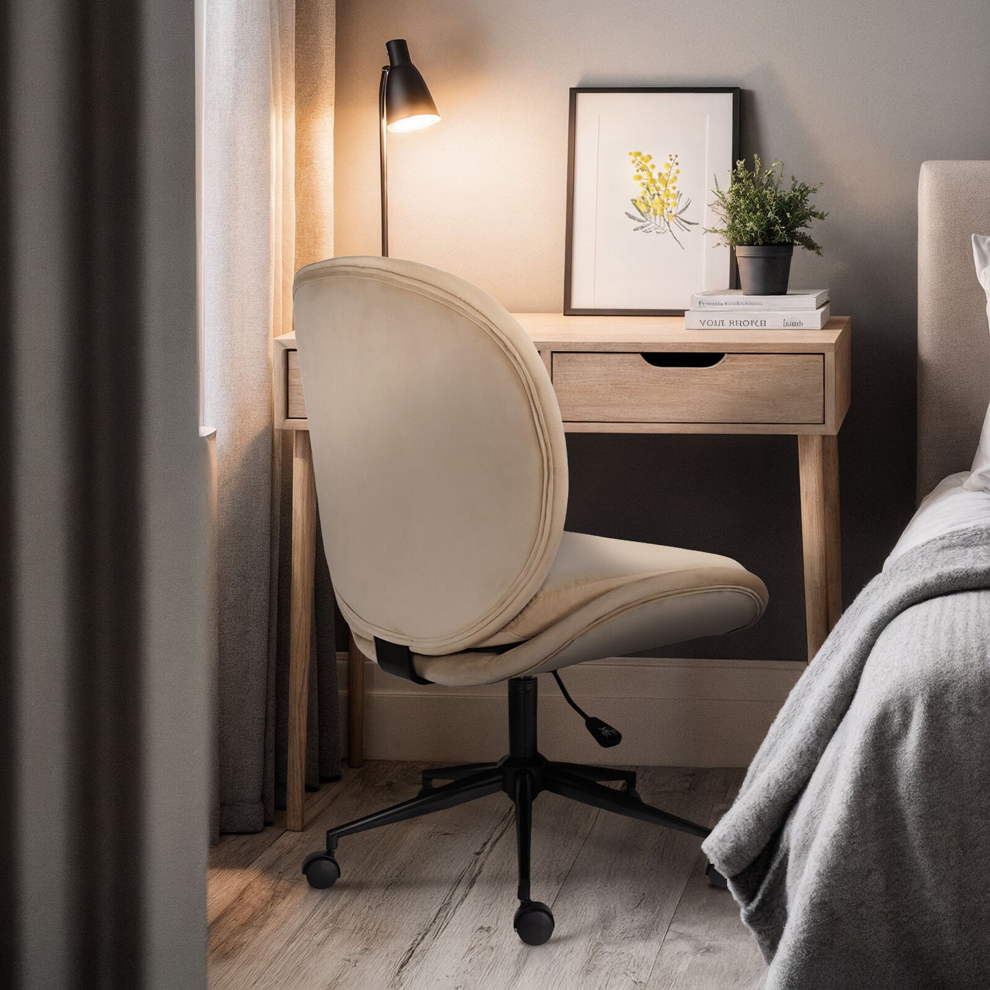 Office Desk Chair - Velvet Armless Swivel Study Seat OVOID PALE KHAKI