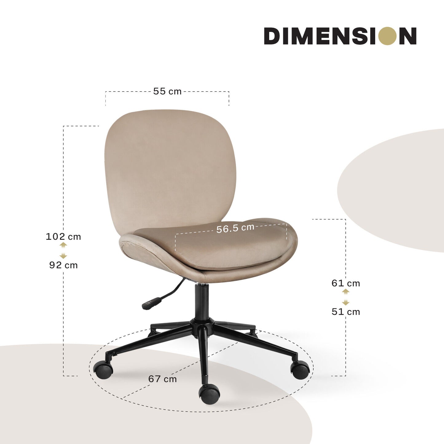 Office Desk Chair - Velvet Armless Swivel Study Seat OVOID PALE KHAKI