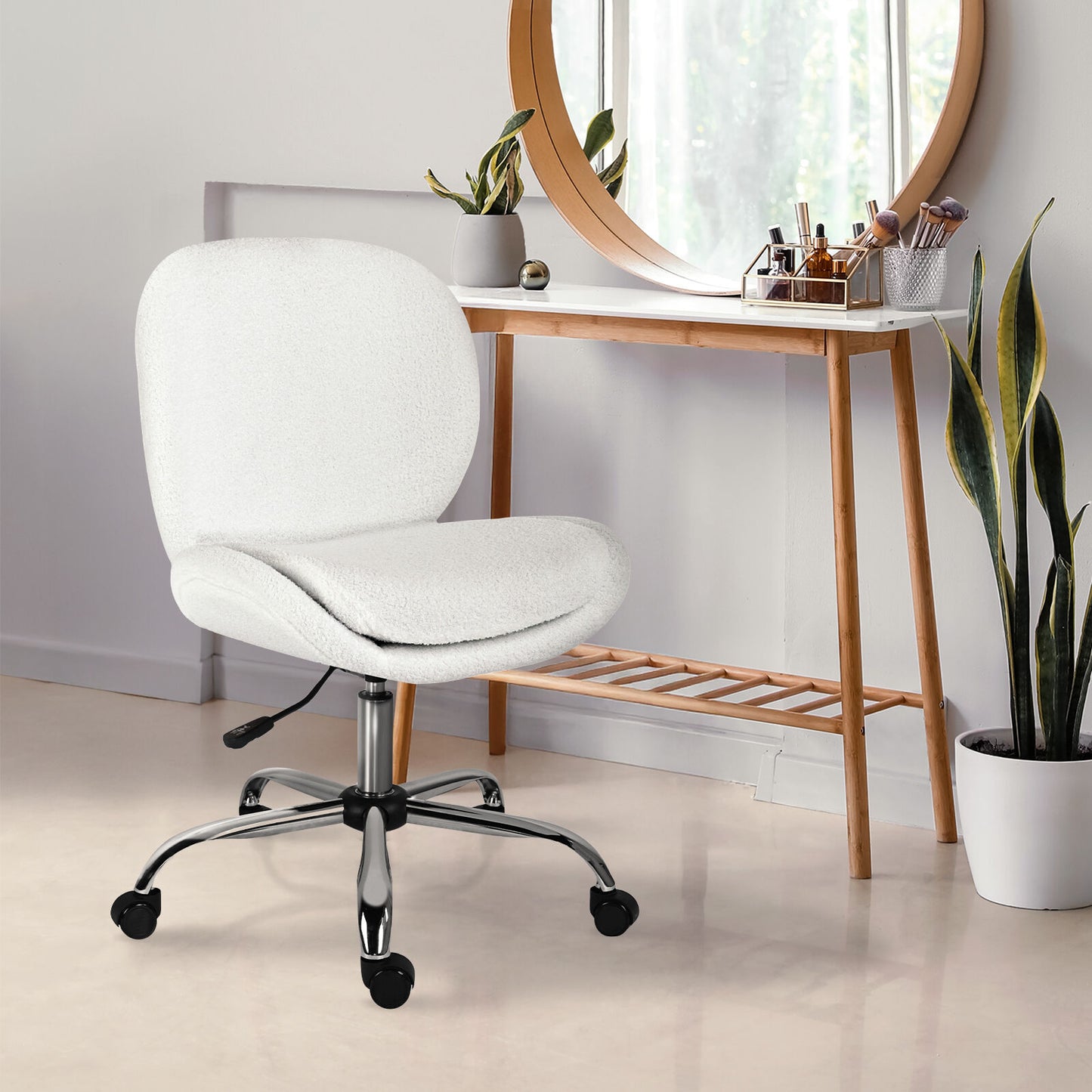 Office Desk Chair - Teddy Boucle Armless Swivel Study Seat OVOID WHITE