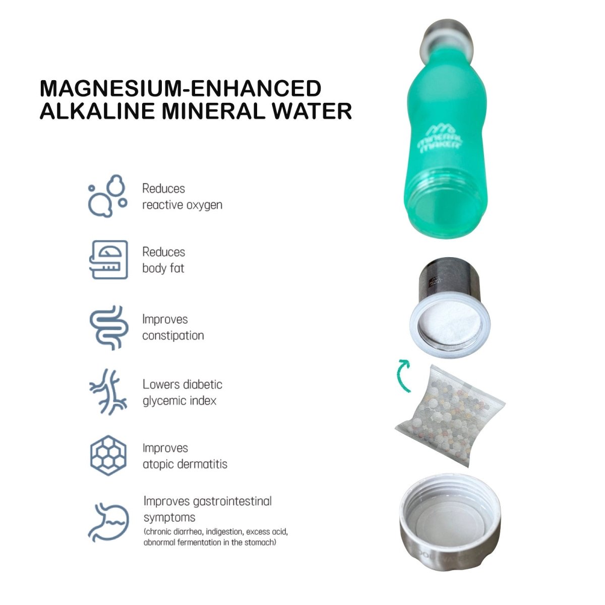 Mineral Maker MORBIDO Alkaline Filter Water Bottle + a Mineral Stone Pouch GREEN - Factory Direct Shop