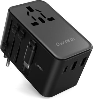 CHOETECH PD5020 35W EU/US/AUS/UK Travel Adapter with Built-in USB-C Cable - Black