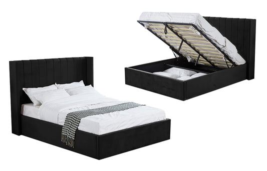Black upholstered bed with open storage compartment on a white background