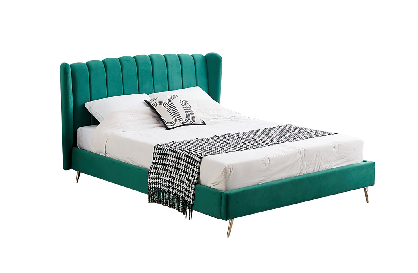 Teal bed with white bedding and a blanket on a white background