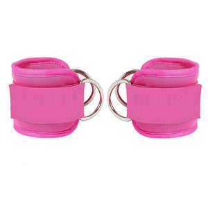 A pair of pink Weight Lifting Ankle Strapsstraps with metal D-rings.