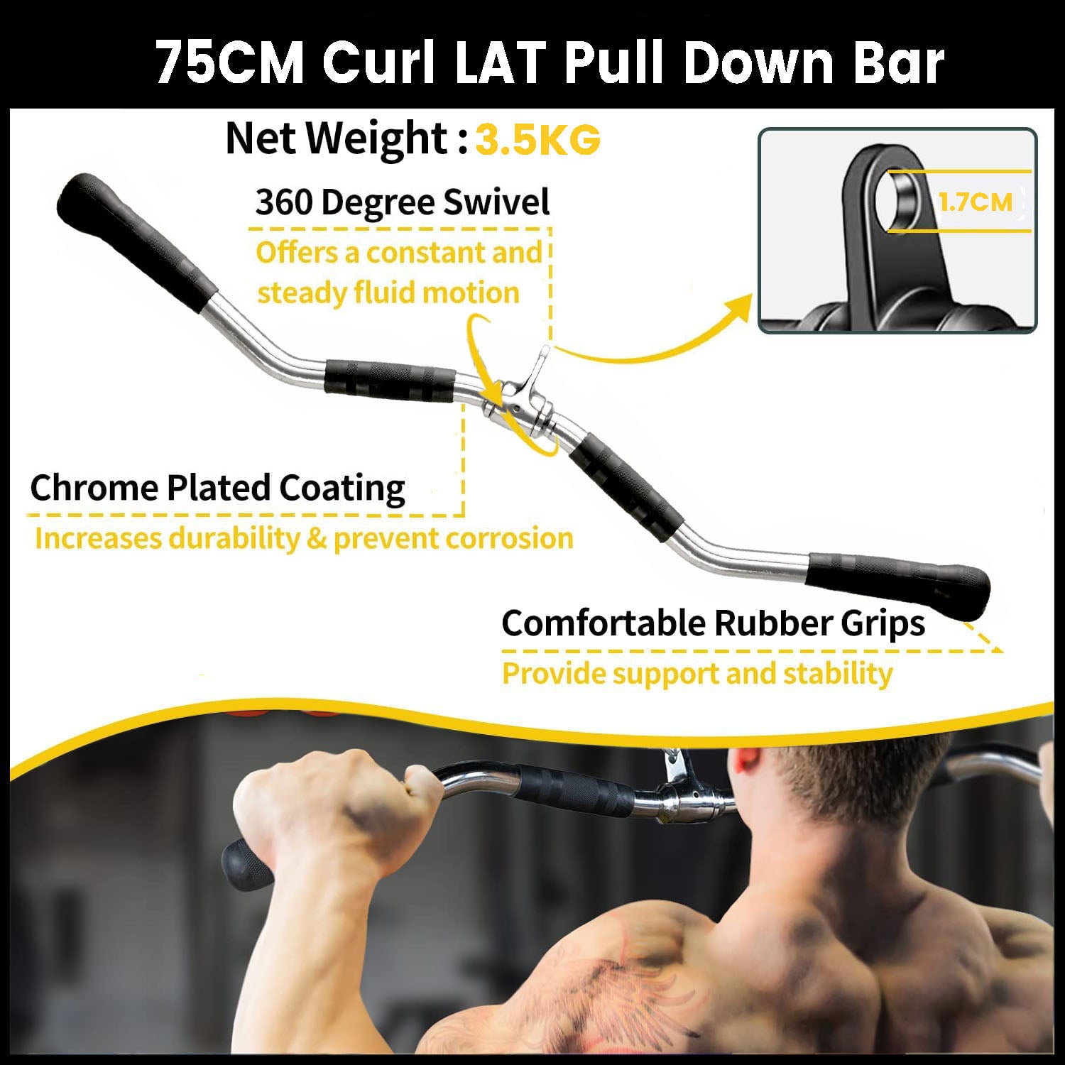 75CM Curl LAT Pull Down Bar with features highlighted on a white background