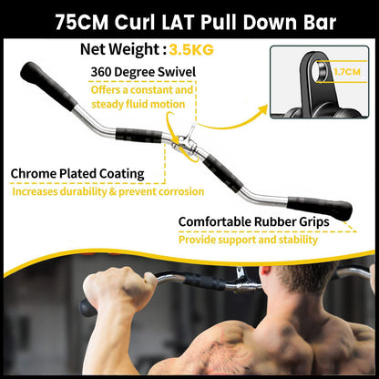 75CM Curl LAT Pull Down Bar with features highlighted on a white background