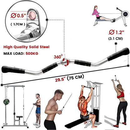 Fitness Lat Pulldown Bar with specifications and usage examples on a white background