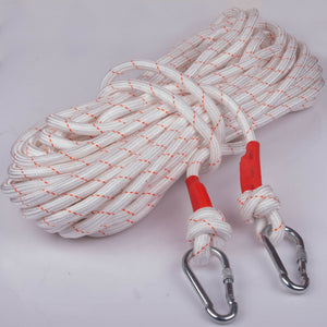 White Climbing Rope with red accents and carabiners on a white background