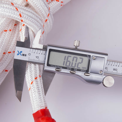 Digital calliper measuring a white Climbing Rope with red accents on a white background