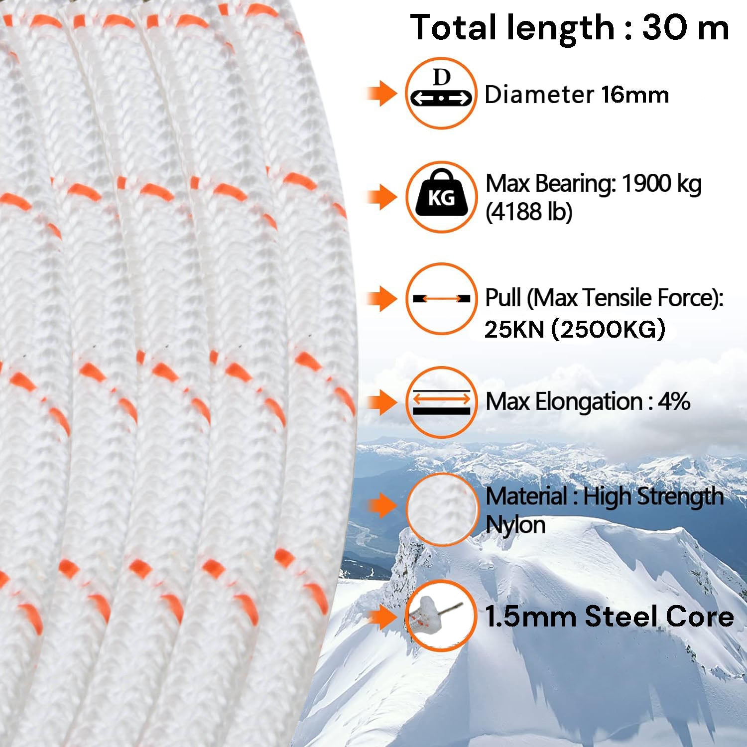 Climbing Rope with specifications on a snowy mountain background