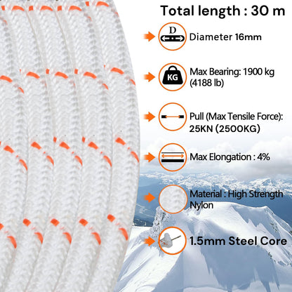 Climbing Rope with specifications on a snowy mountain background
