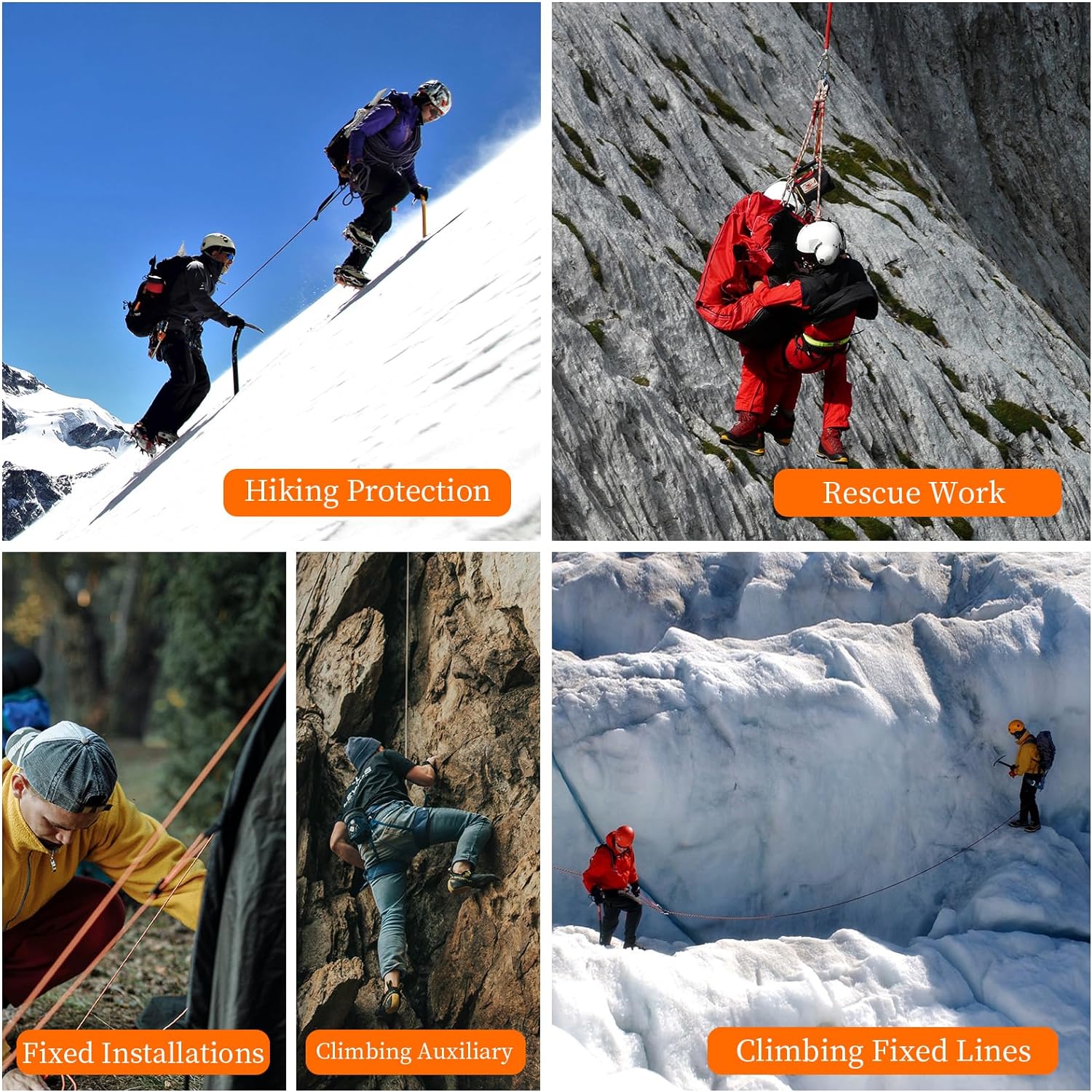 Collage of climbers in various situations with Climbing Rope text labels on hiking protection, rescue work, fixed installations, climbing auxiliary, and climbing fixed lines.