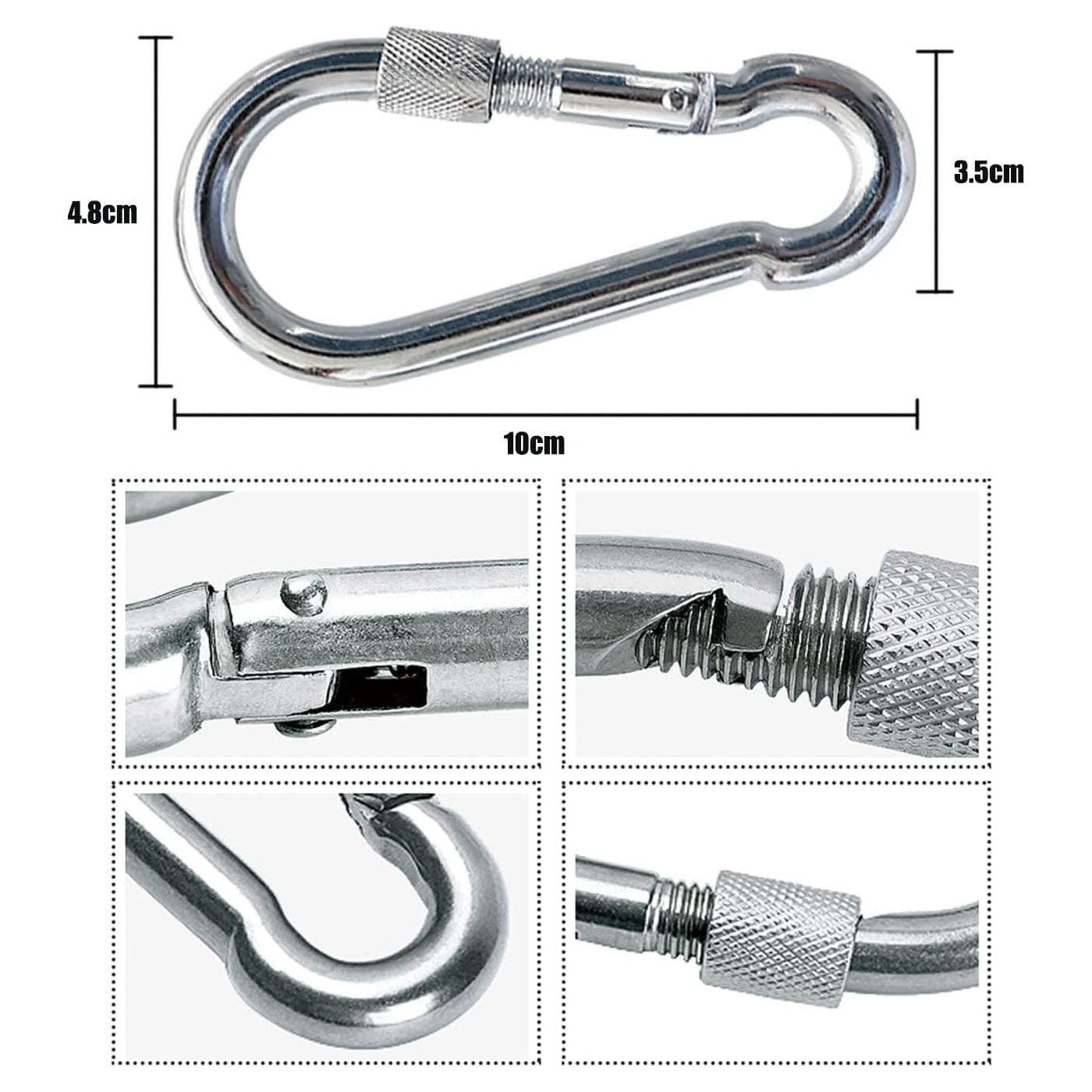 Metal carabiner with detailed measurements on a white background