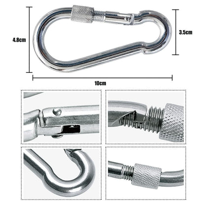 Metal carabiner with detailed measurements on a white background