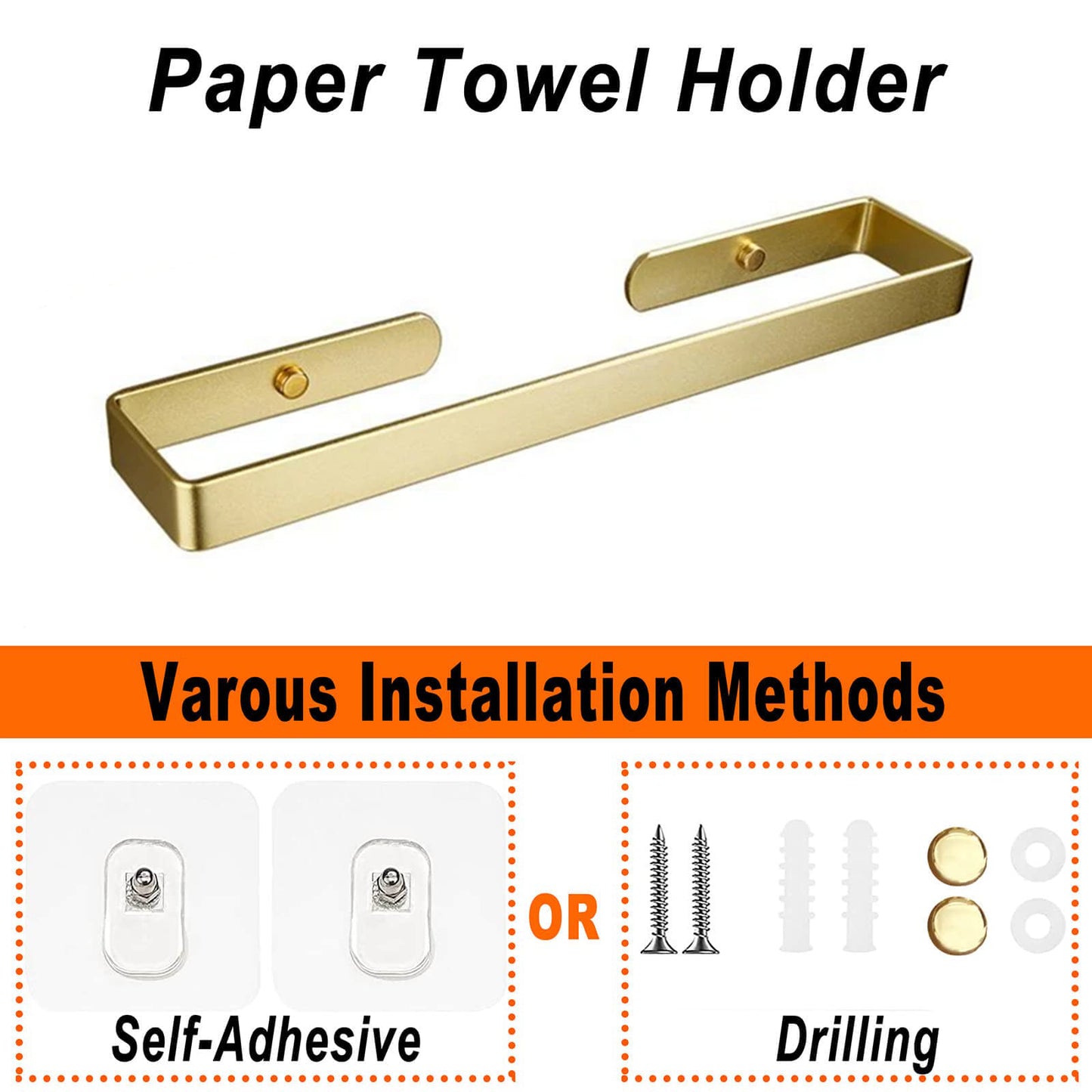 Gold Kitchen Bathroom Paper Holder Towel Holder Self Adhesive or Screw Mount 40cm - Factory Direct Shop