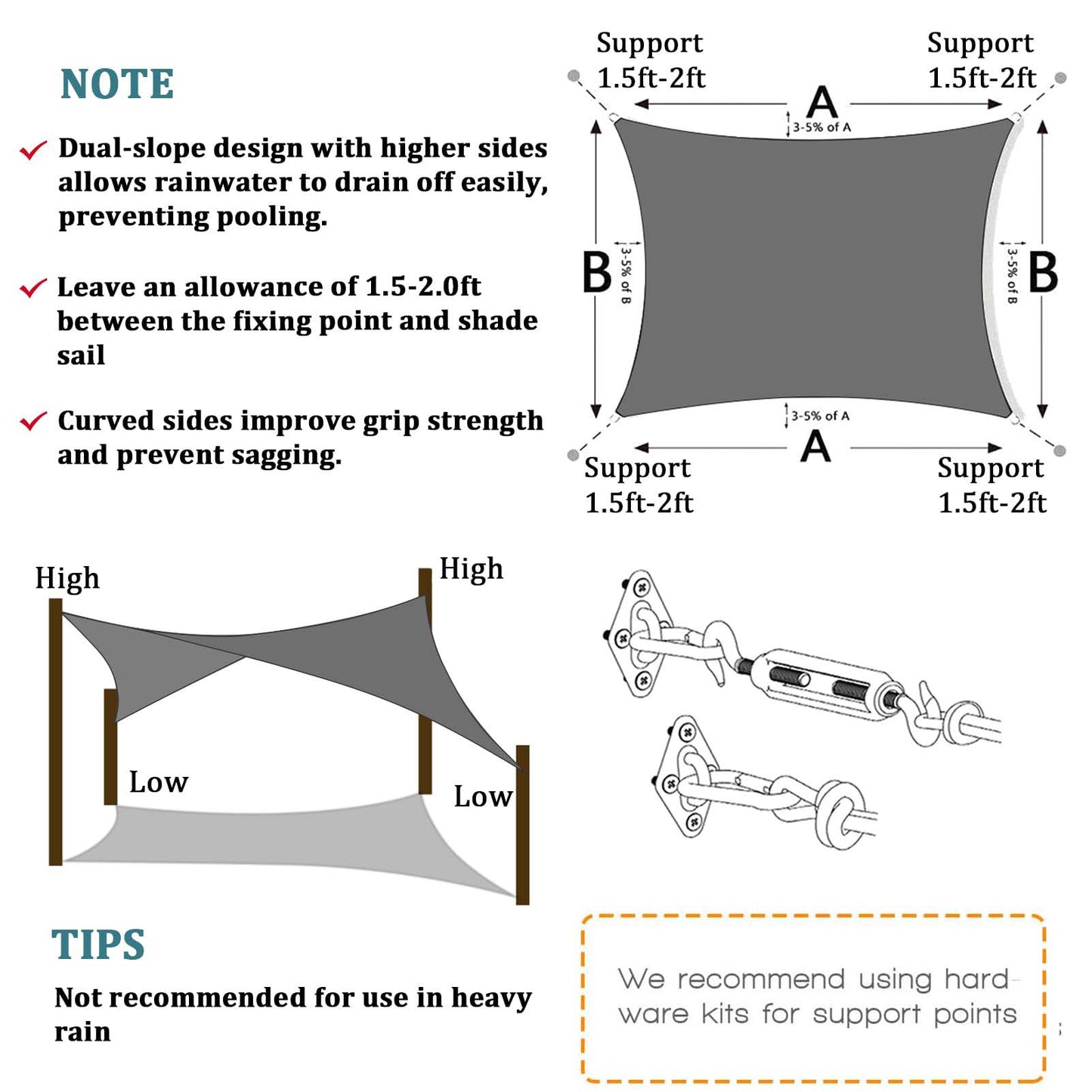 4m x 6m Grey UV-Resistant Rectangle Shade Sail – Patio & Backyard Sun Protection