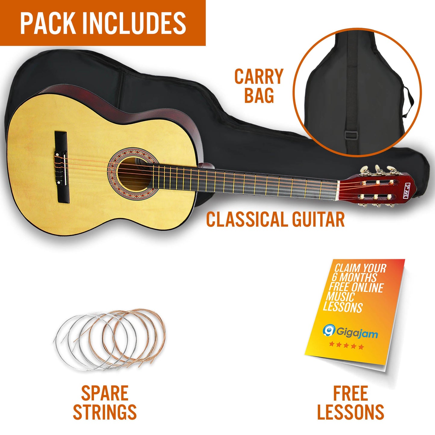 Classical Guitar Pack 3rd Avenue Full Size Classical - Natural
