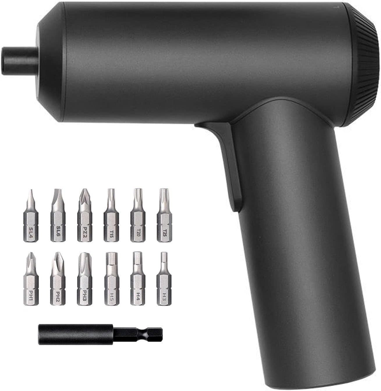 Black impact driver with various drill bits on a white background