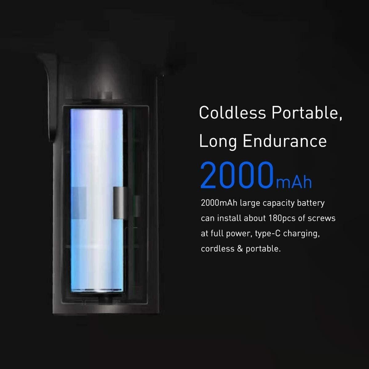 Portable device with a blue light on a black background, featuring text about battery capacity and features.