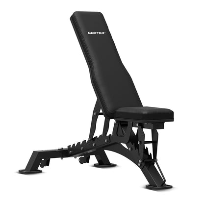 Black adjustable weight bench with 'Cortex' branding on a white background