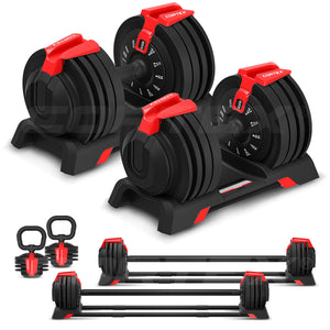 A set of adjustable steel dumbbells with red details, including a pair of dumbbell handles and a barbell, against a white background.
