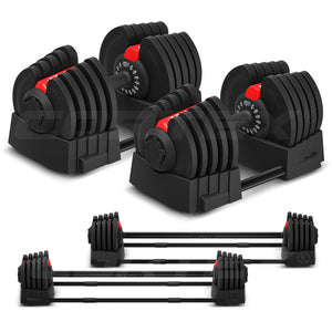 Set of adjustable dumbbells on a white background