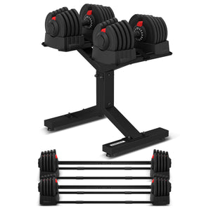 Set of adjustable dumbbells with a stand on a white background