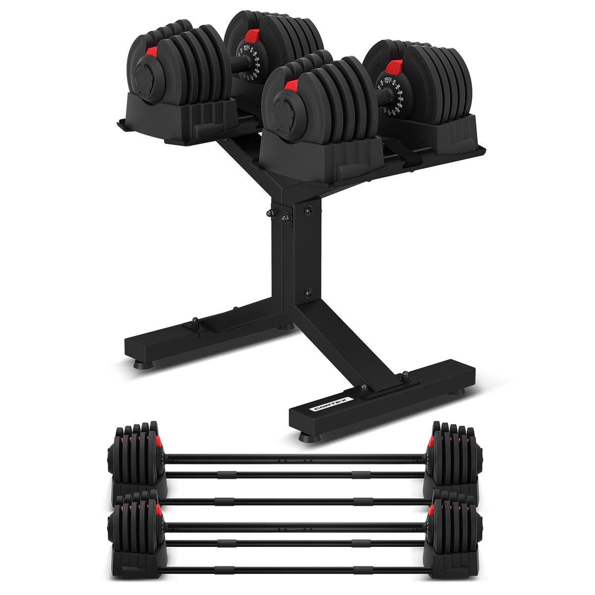 Set of adjustable dumbbells with a stand on a white background