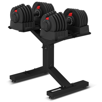 Set of adjustable dumbbells on a black stand with visible brand name.