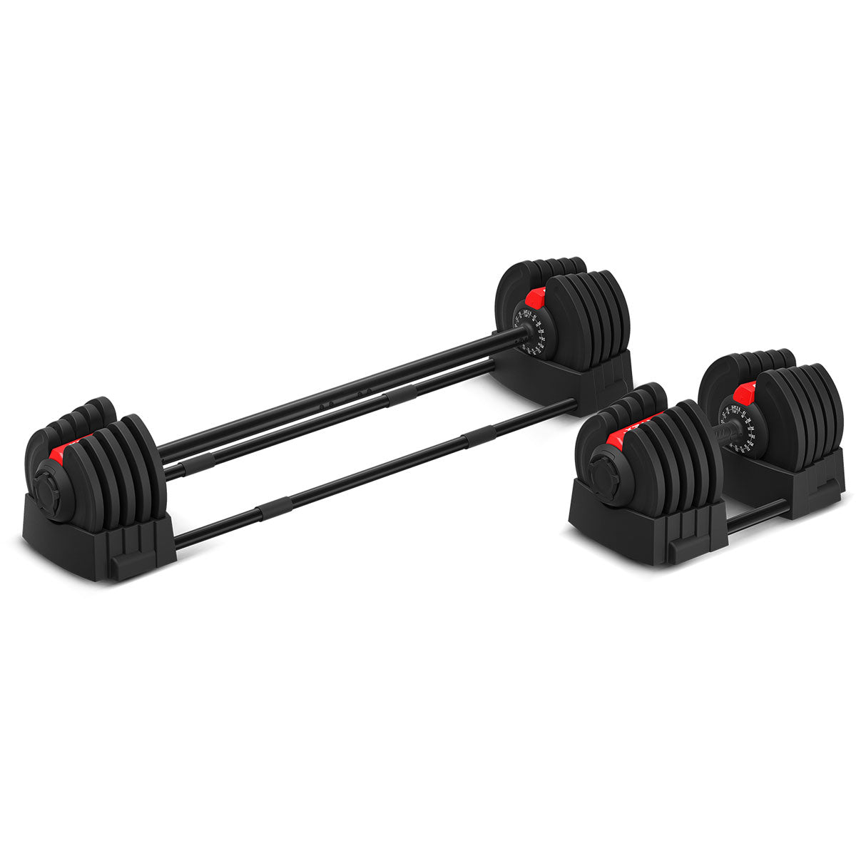 Set of adjustable dumbbells on a white background