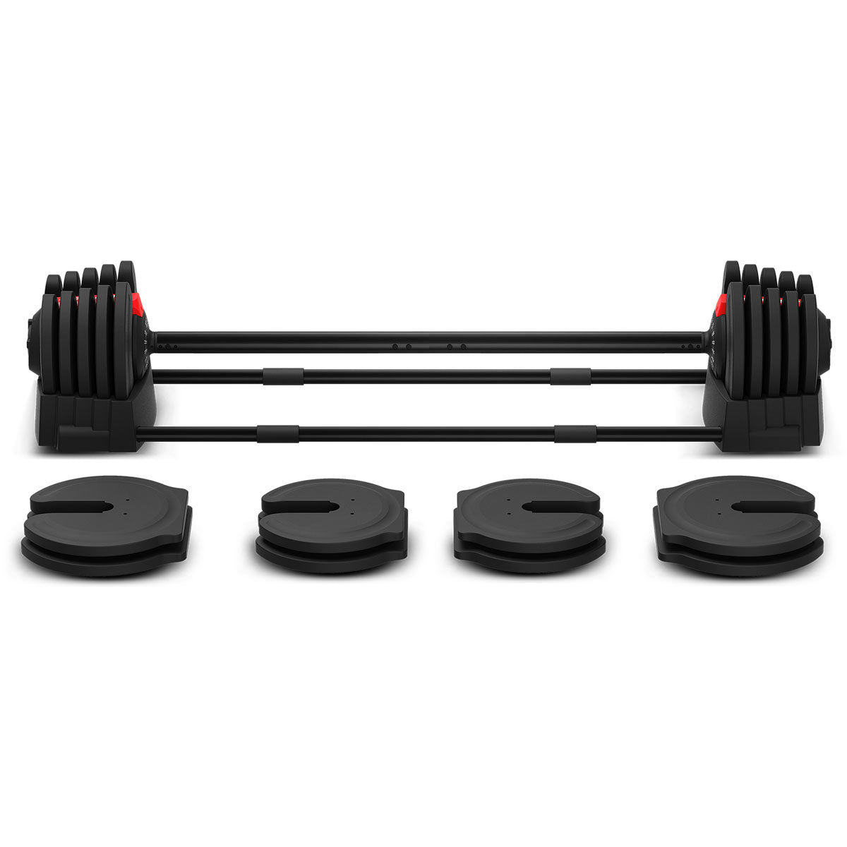 Black adjustable dumbbell set on a white background