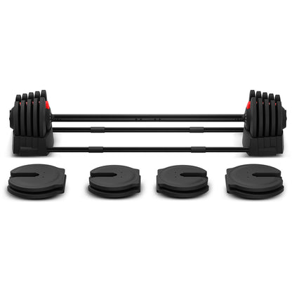 Black adjustable dumbbell set on a white background