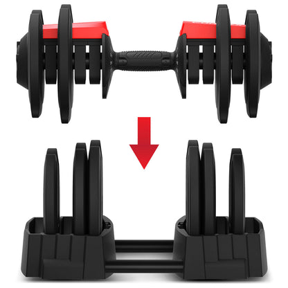 Pair of adjustable dumbbells with a red arrow indicating the transformation from dumbbells to a different fitness tool.