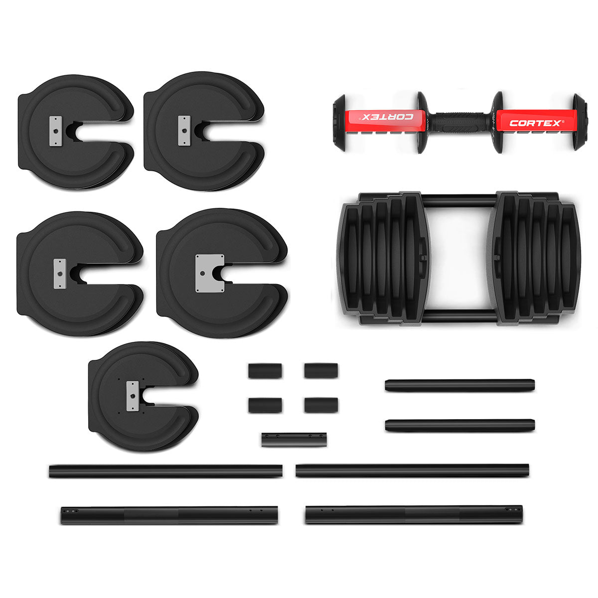 Set of black adjustable dumbbells and accessories on a white background