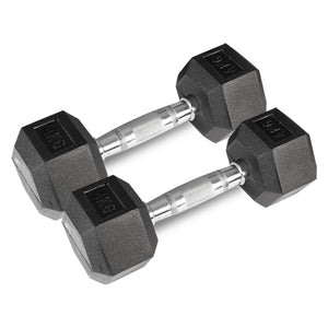A pair of 4kg black hexagonal dumbbells with rubber coating and silver handles.