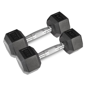 A pair of 5kg black hexagonal dumbbells with rubber coating and silver handles.