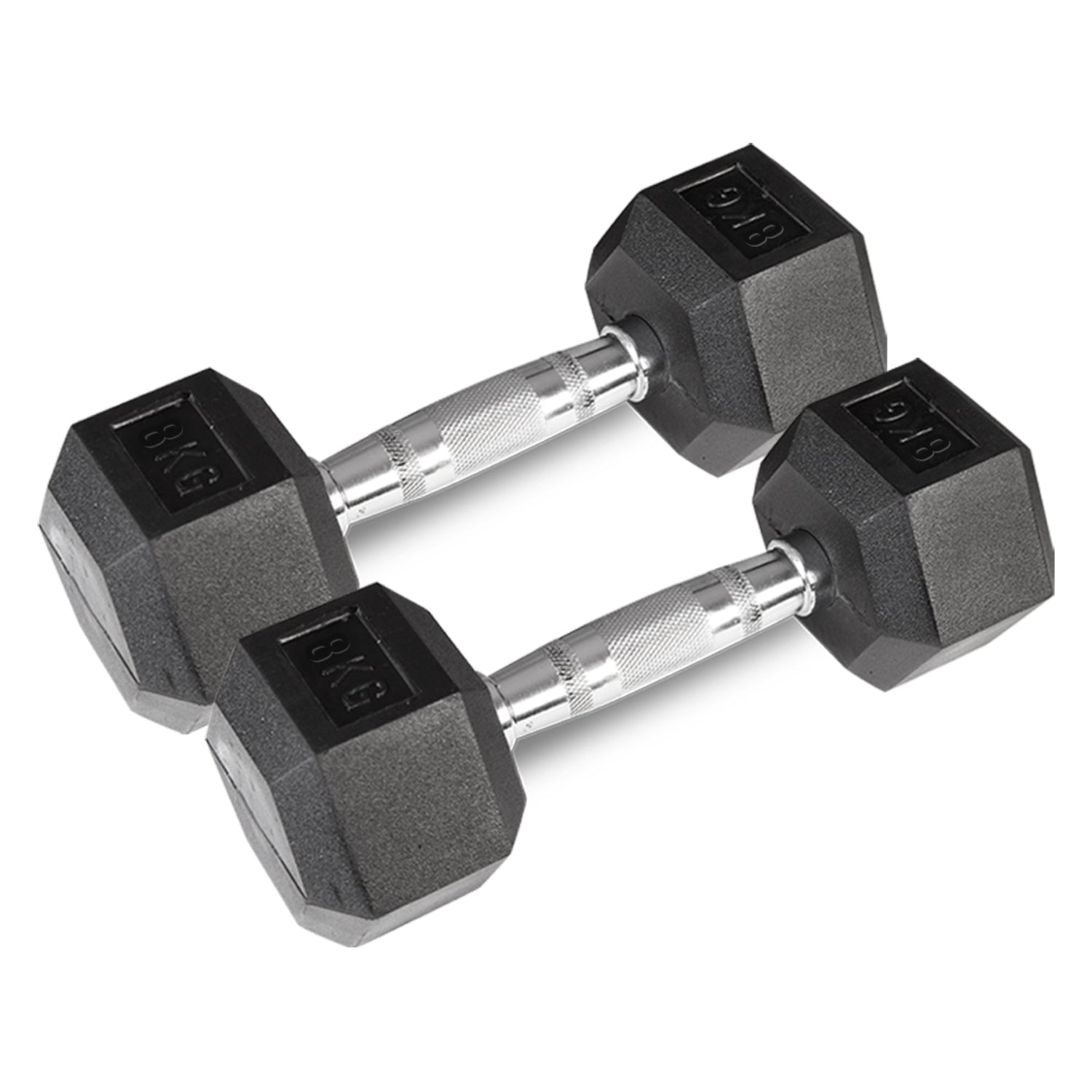 A pair of black 8kg hexagonal dumbbells with rubber coating and silver handles.