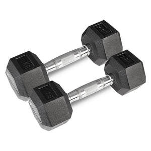 A pair of black 10kg hexagonal dumbbells with rubber coating and silver handles.